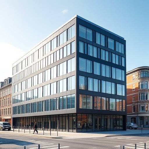 Eksteriørbillede af en moderne kontorbygning i København, hvor Atelier Lysglimt har sine lokaler.