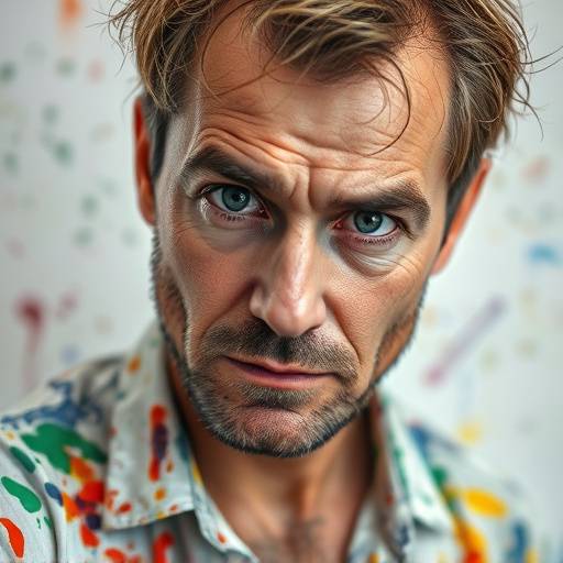 Kreativt portræt af en kunstner med farverige malingpletter og et udtryksfuldt blik.