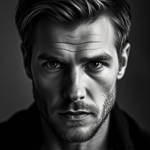 Sort/hvidt headshot af Mikkel Hansen, en skuespiller med et intenst og reflekterende udtryk.