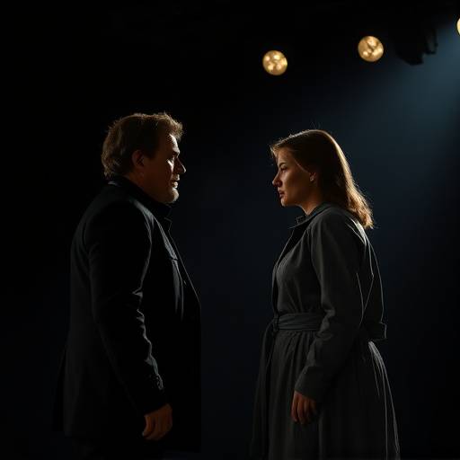 Teaterstill fra en forestilling med to skuespillere i et dramatisk øjeblik.
