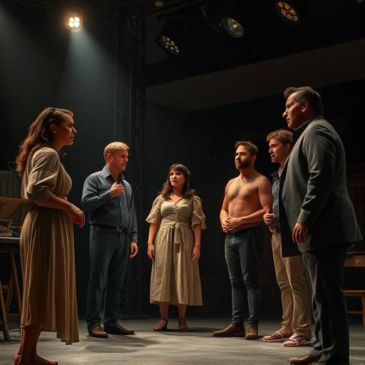 Teaterstill fra forestillingen 'En Folkefjende' med et ensemble af skuespillere i et diskussionsscene.